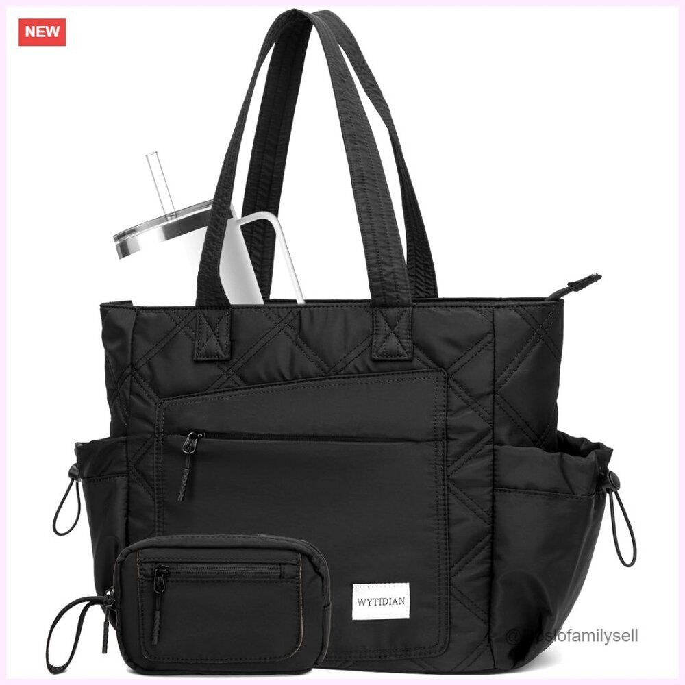 2-Piece Puffer Tote Set with Luggage Strap, Laptop Sleeve, Water-Resistant